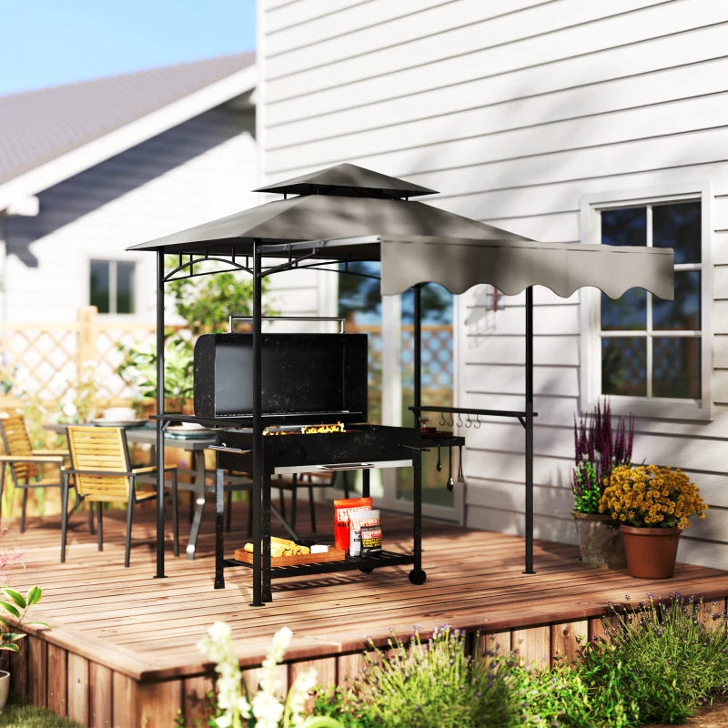 8' x 7.6' Grill Gazebo, Double Tiered Barbecue Grill Gazebo Shelter w/ Side Awning, 2 Side Shelves, 6 Hooks, Dark Grey
