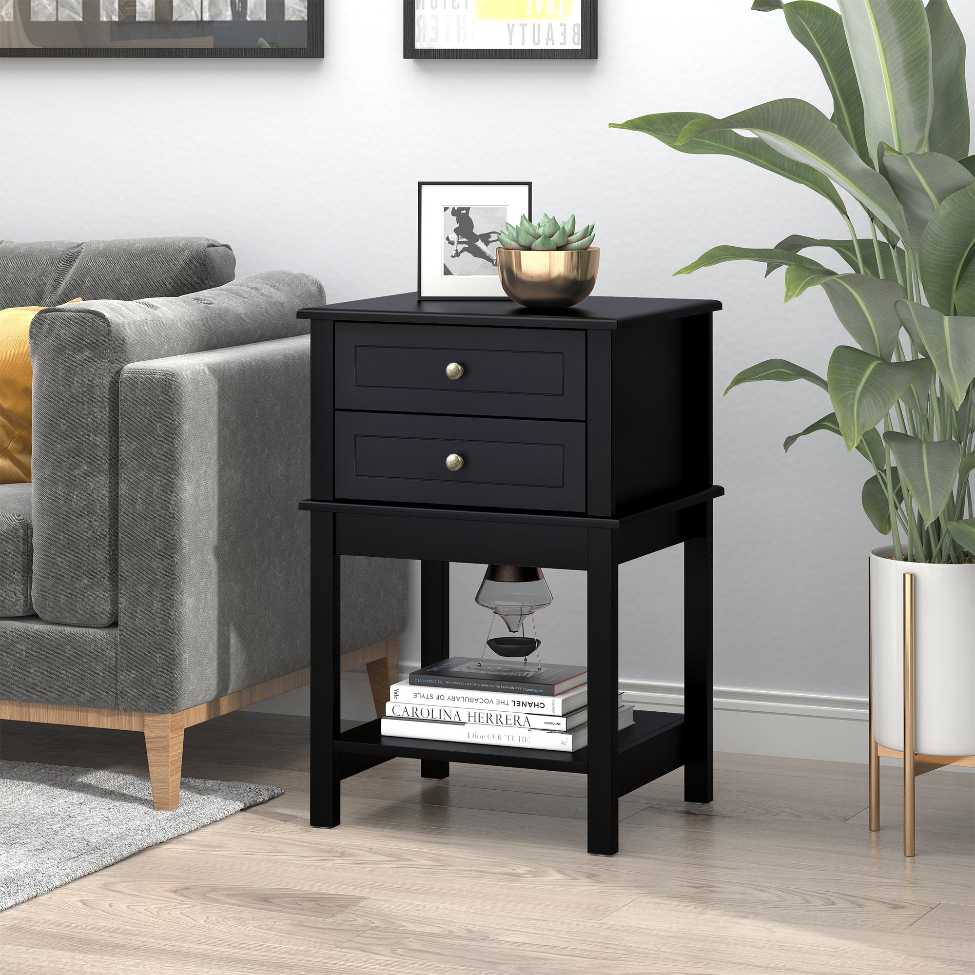 HOMCOM Chic End Table: Modern Sofa Side Table with Drawers and Storage Shelf, Nightstand for Bedroom, Living Room, Matte Black