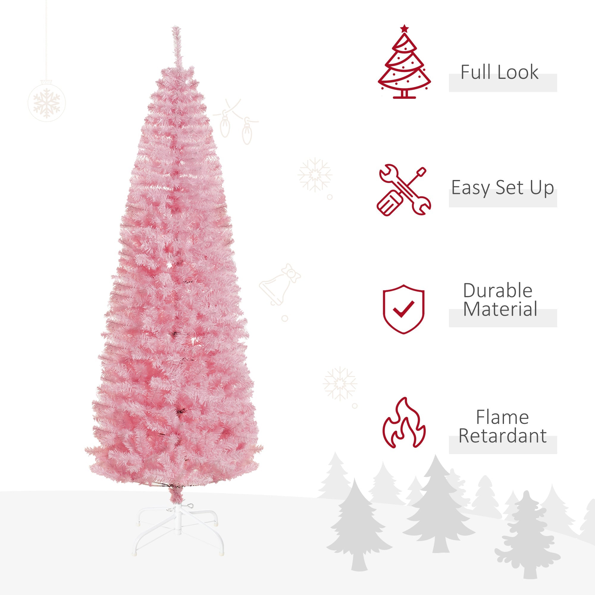 HOMCOM 7FT Artificial Christmas Tree Holiday Xmas Holiday Pencil Tree Decoration with Automatic Open for Home Party, Pink