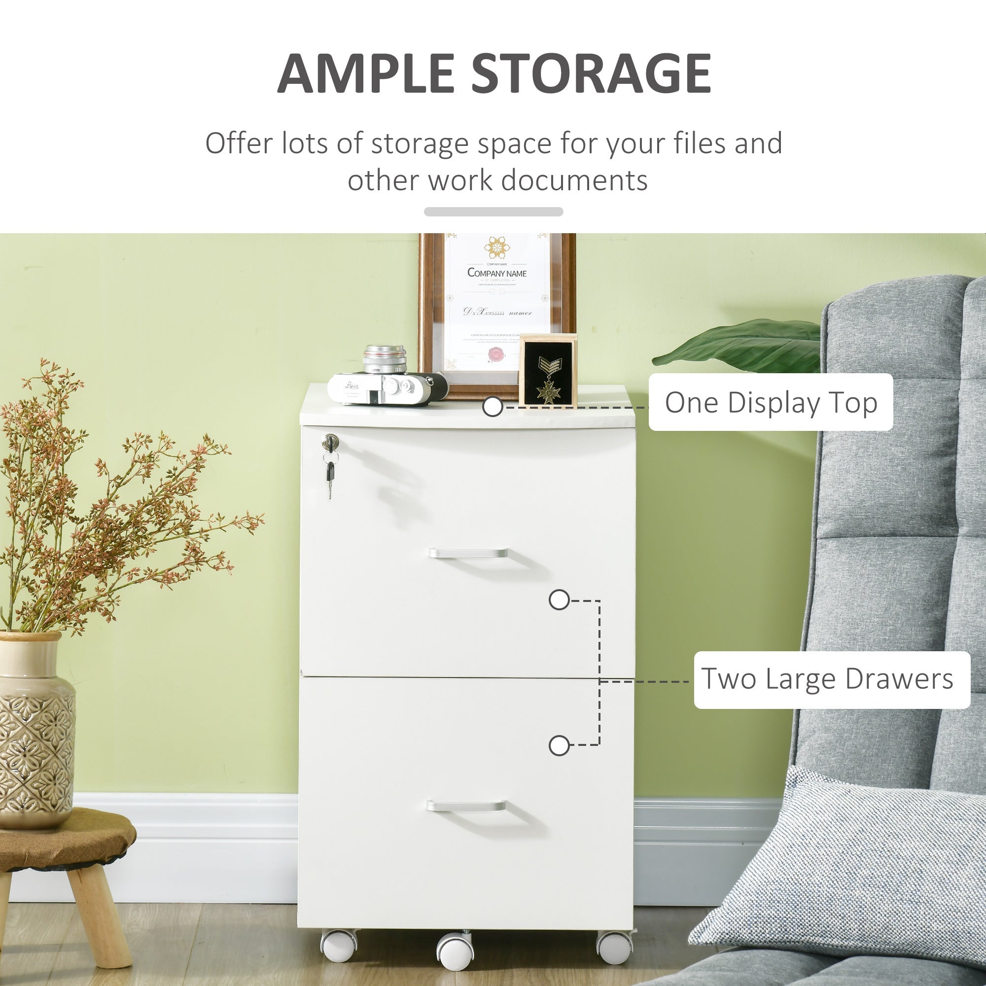 Vinsetto 2 Drawer Wood Mobile File Cabinet with Lock Office Filing Storage Locking Wheels Home Study White