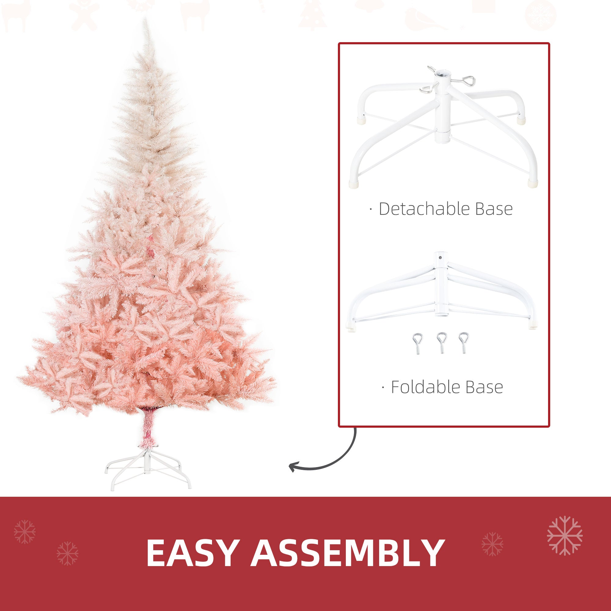 HOMCOM 6ft Elegant Artificial Christmas Tree, White and Pink with Metal Stand, Hassle-Free Automatic Open