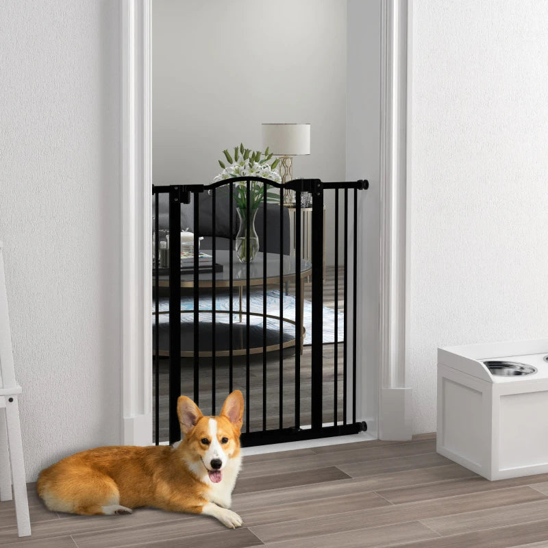 Extra Tall Dog Gate with Door, Pressure Fit, Auto Close, Double Locking for Doorways Hallways Stairs, 29"-34", Black