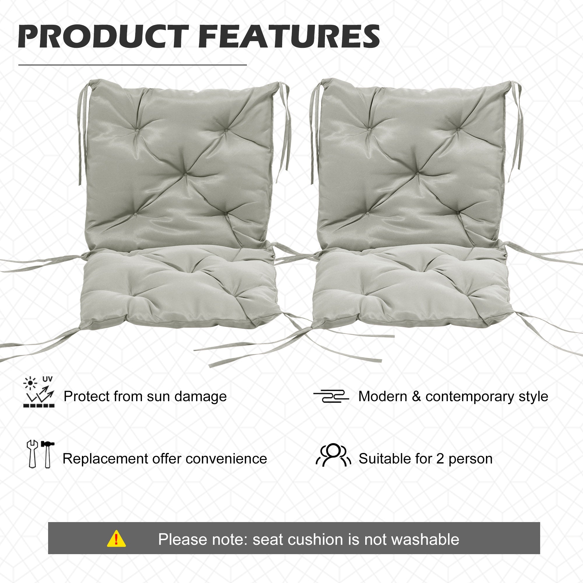 Outsunny Set of 2 Garden Chair Cushions Seat Pad with Backrest for Sunbeds Rocking Chairs Loungers Outdoor Indoor Use Grey