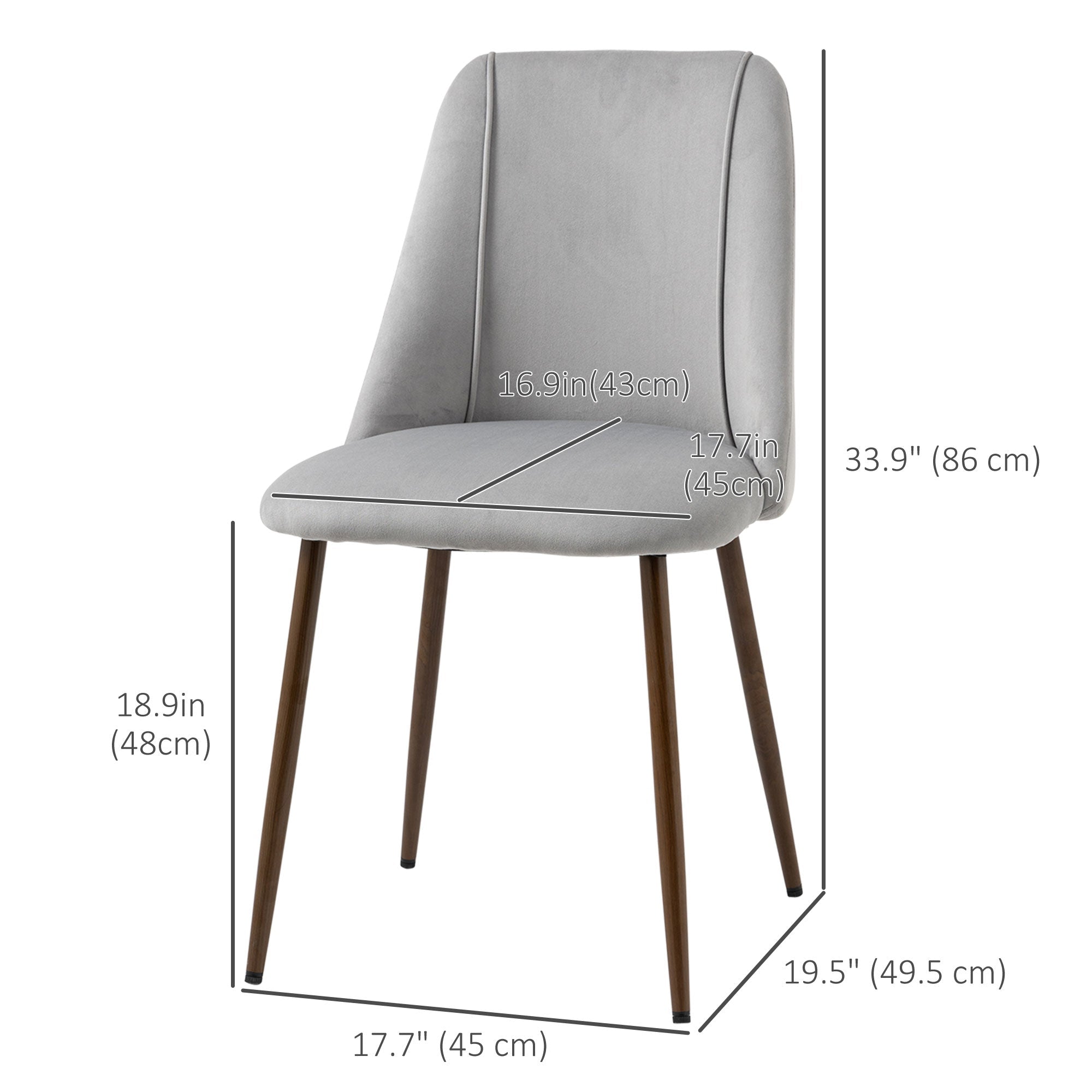 HOMCOM Set of 4 Modern Kitchen Dining Chairs Velvet-touch Upholstery Curved Back Wood-grain Steel Legs Grey