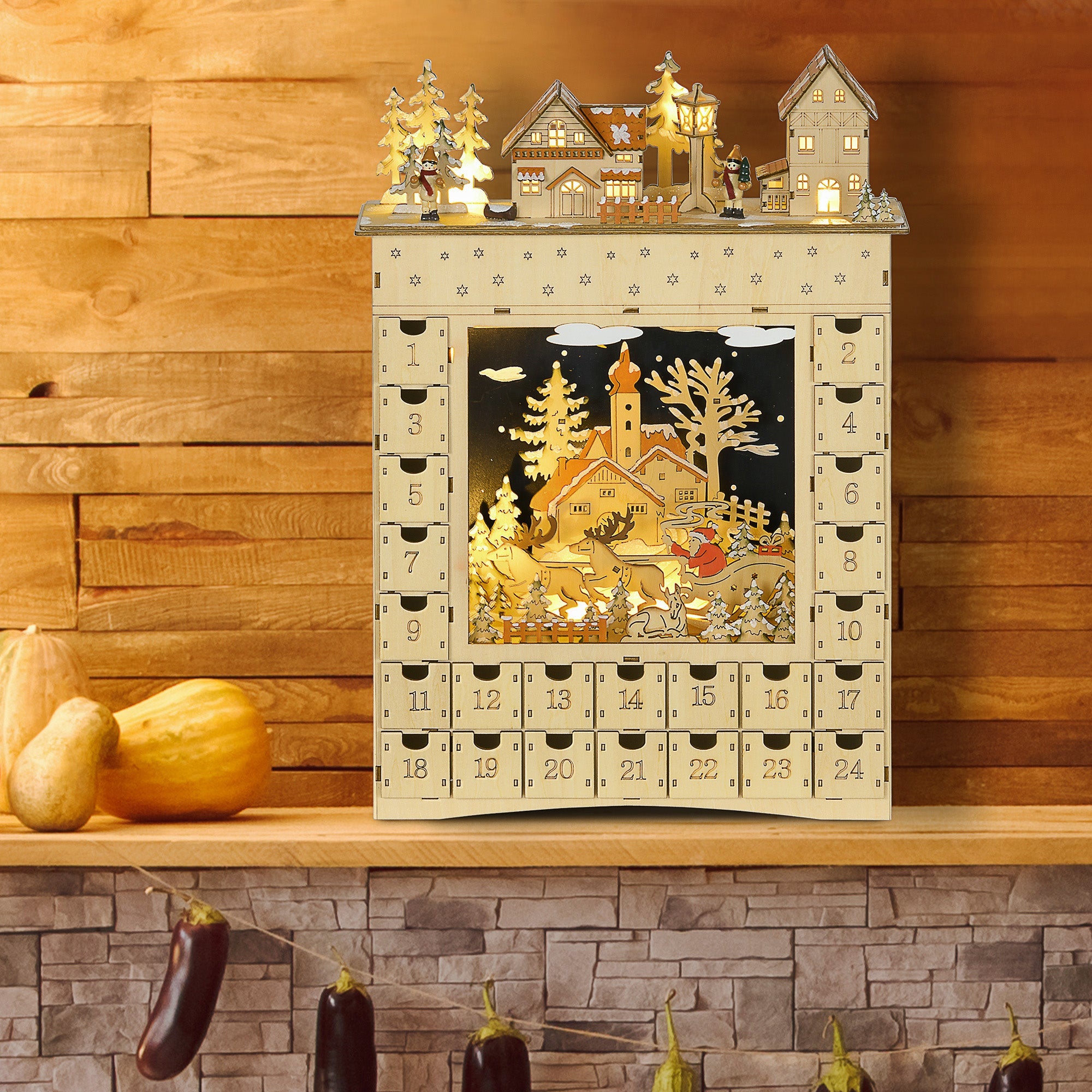 HOMCOM Festive Advent Calendar - Wooden Countdown with 24 Drawers, LED Lights, Battery-Operated Table Decor