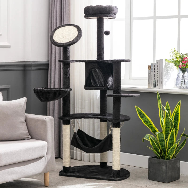 60" Multi-Level Plush Cat Tree, Tall Cat Tower with Scratching Posts and 2 Hammocks, Dark Grey
