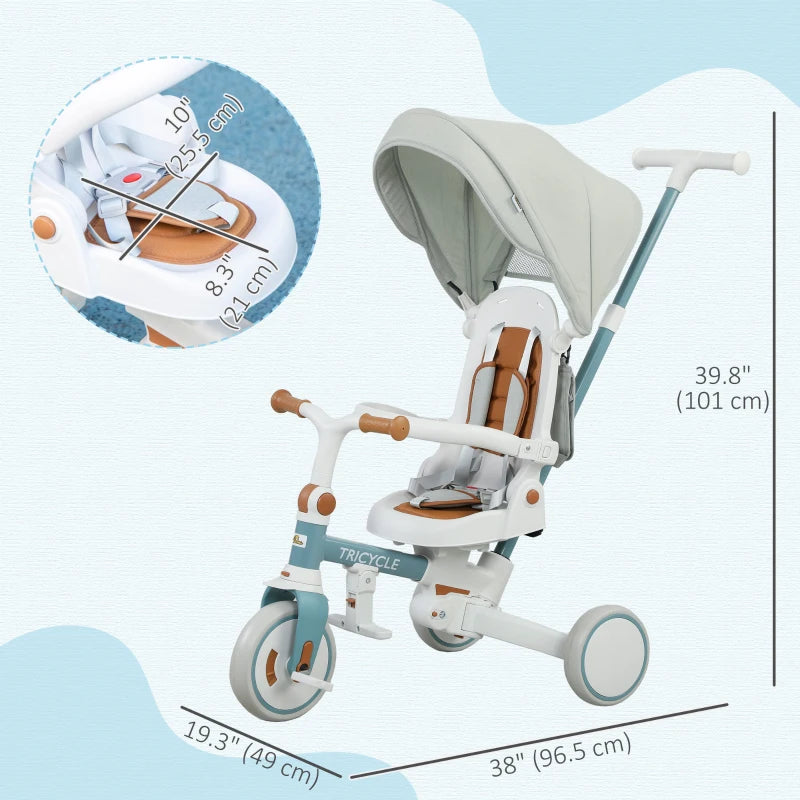 Qaba 7 in 1 Toddler Tricycle with Safety Harness, Adjustable & Removable Parent Handle, Canopy, Storage Bag, Brake, Blue