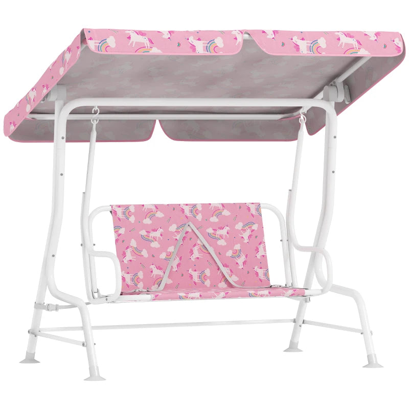 Qaba Kids Porch Swing, 2-Seater Patio Swing Bench with Safety Belts, Adjustable Canopy for Backyard, Garden, Pink