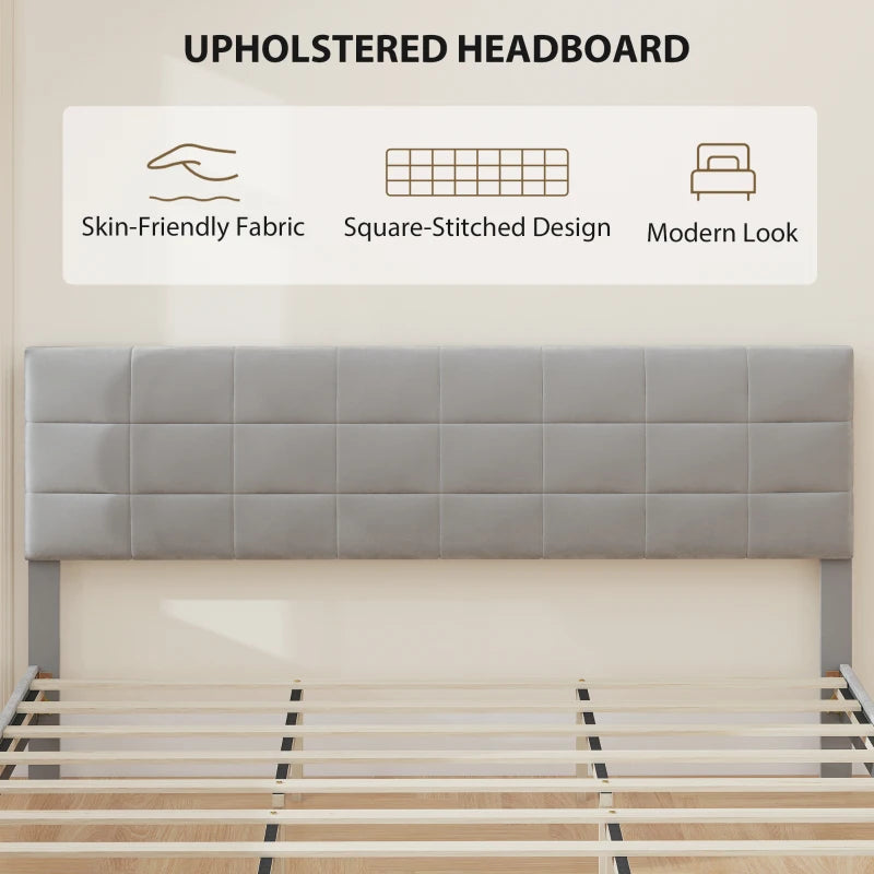 King Size Bed Frame with Upholstered Headboard, Modern Platform Bed Frame with Wood Slats, 1100 lbs Capacity, Grey