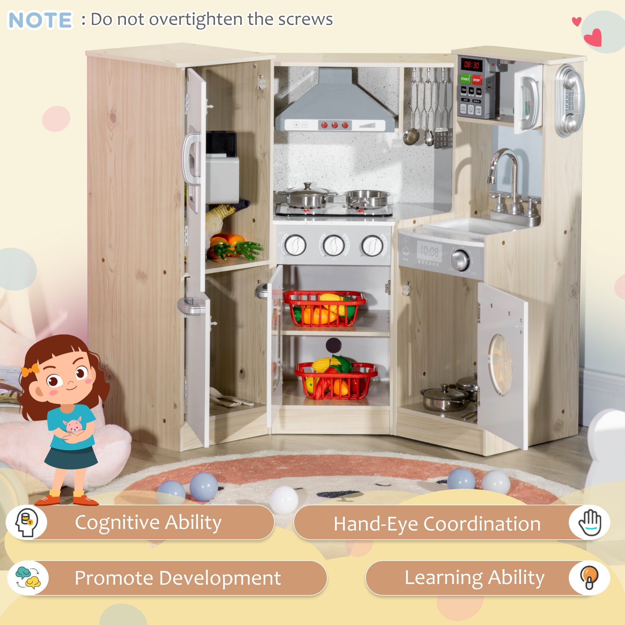 Qaba Deluxe Wooden Kitchen Playset for Kids - Interactive Corner Design with Lights, Sounds, Play Phone, Ice Maker, and More