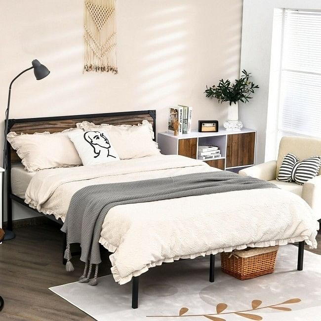 Rustic FarmHome Metal Wood Platform Bed Frame in Queen Size - Free Shipping