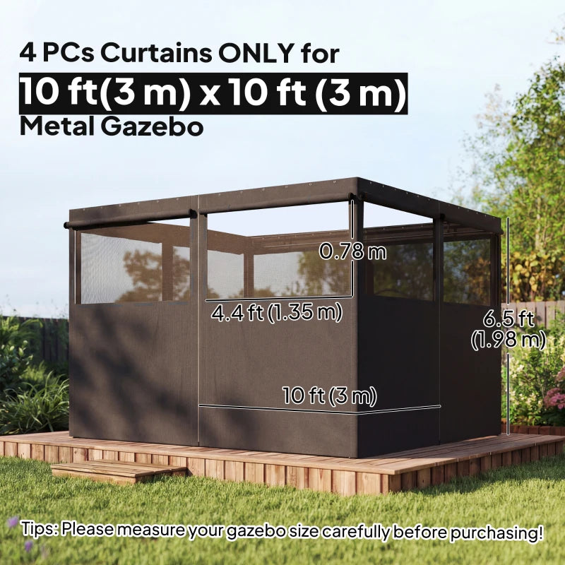 Gazebo Curtains, 10' x 10' Universal Replacement Privacy Curtain, 4-Panels Sidewall with Roll up Mesh Windows, Dark Grey