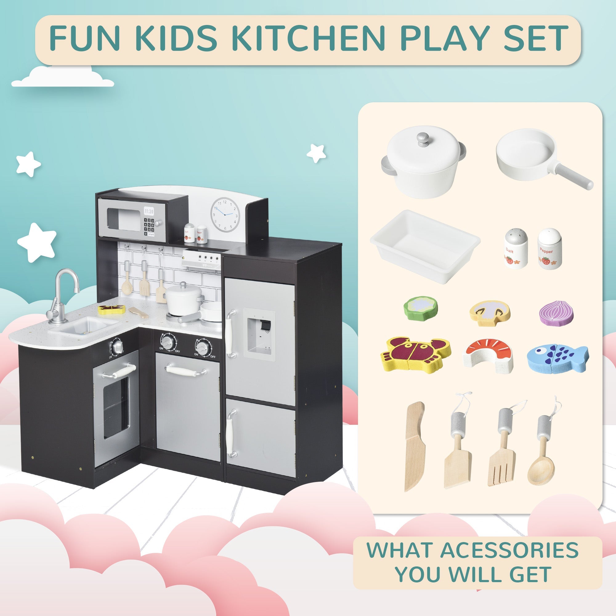 Qaba Play Kitchen Set for Kids - Black Cooking Toy with Drinking Fountain, Microwave, Fridge & Accessories
