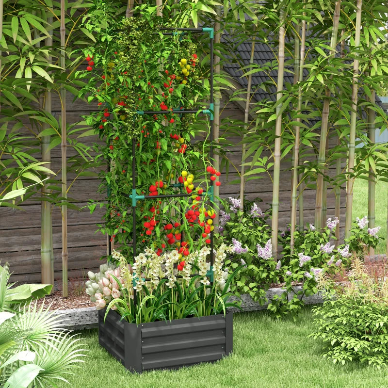 Galvanized Planter Box, Outdoor Raised Garden Bed with 4-Tier Trellis Tomato Cage for Climbing Vines, Vegetables, Grey