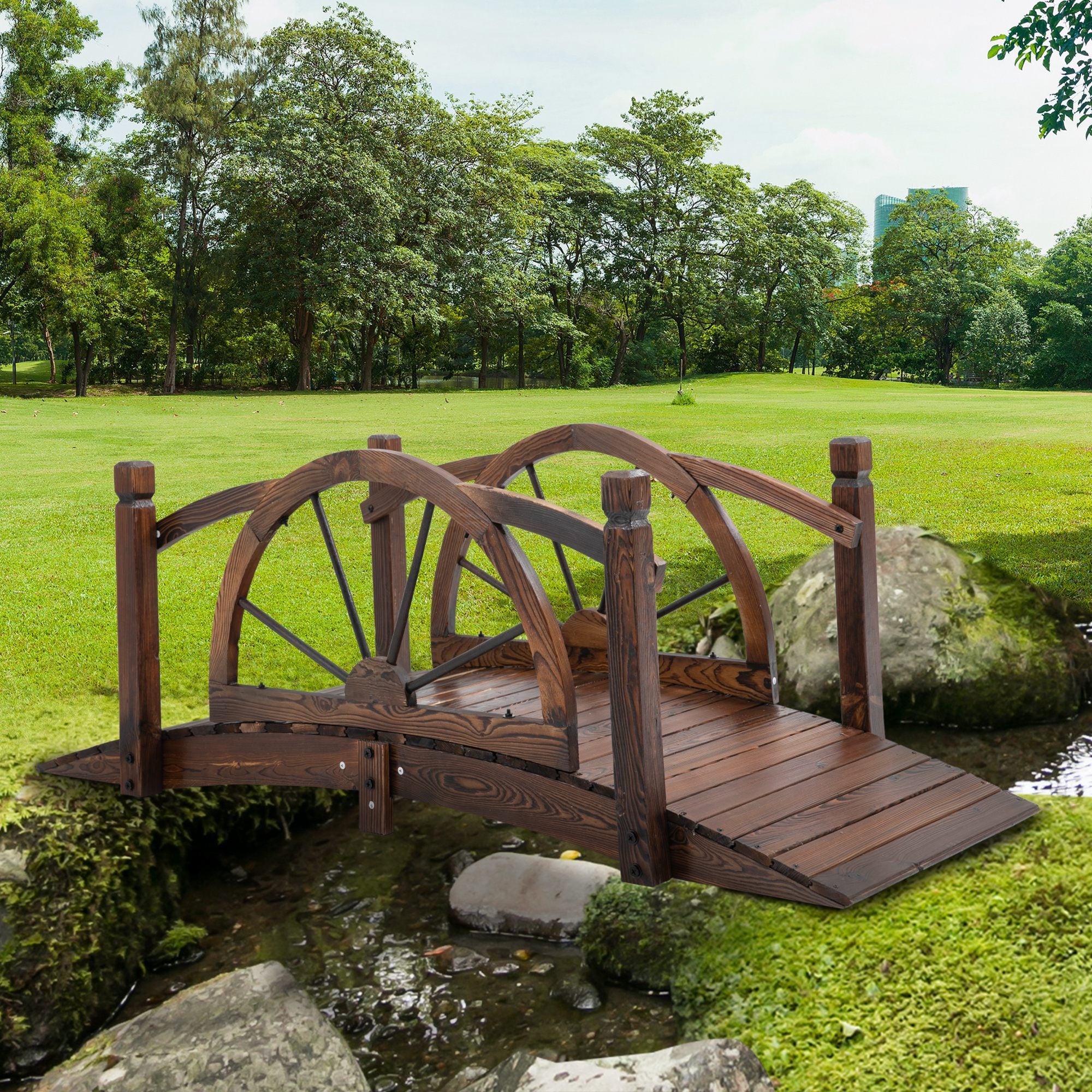 Outsunny Wooden Garden Bridge, Decorative Arc Footbridge with Safety Guardrail