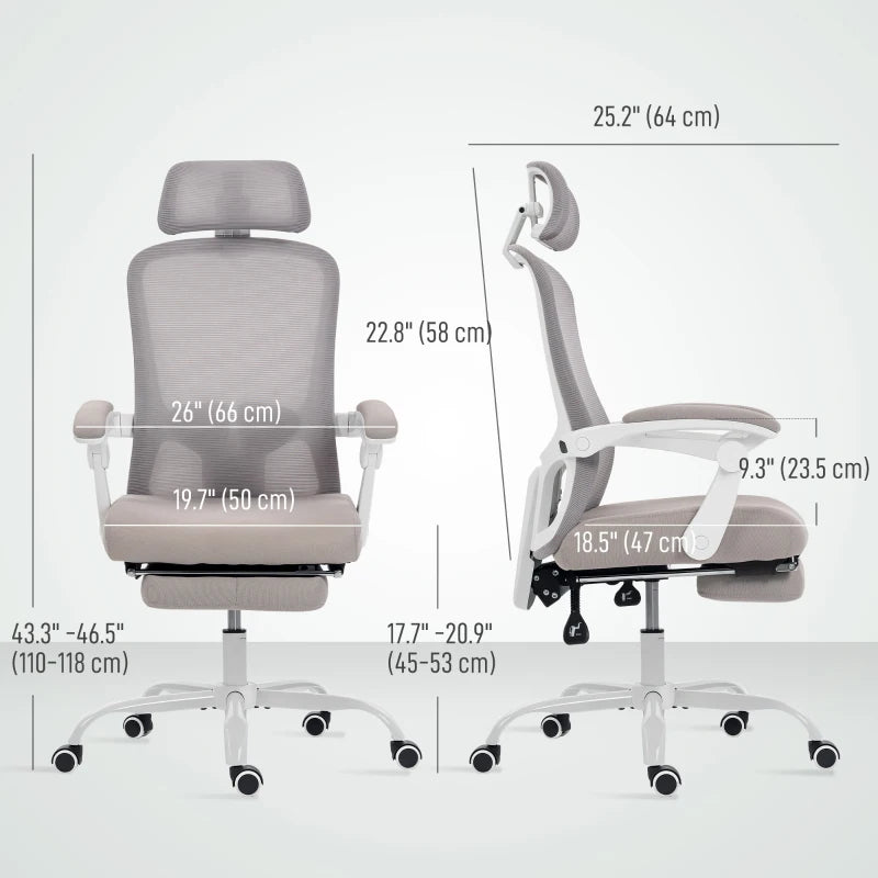 Ergonomic Office Chair, Mesh Reclining Desk Chair with Adjustable Lumbar Support, Headrest, Grey