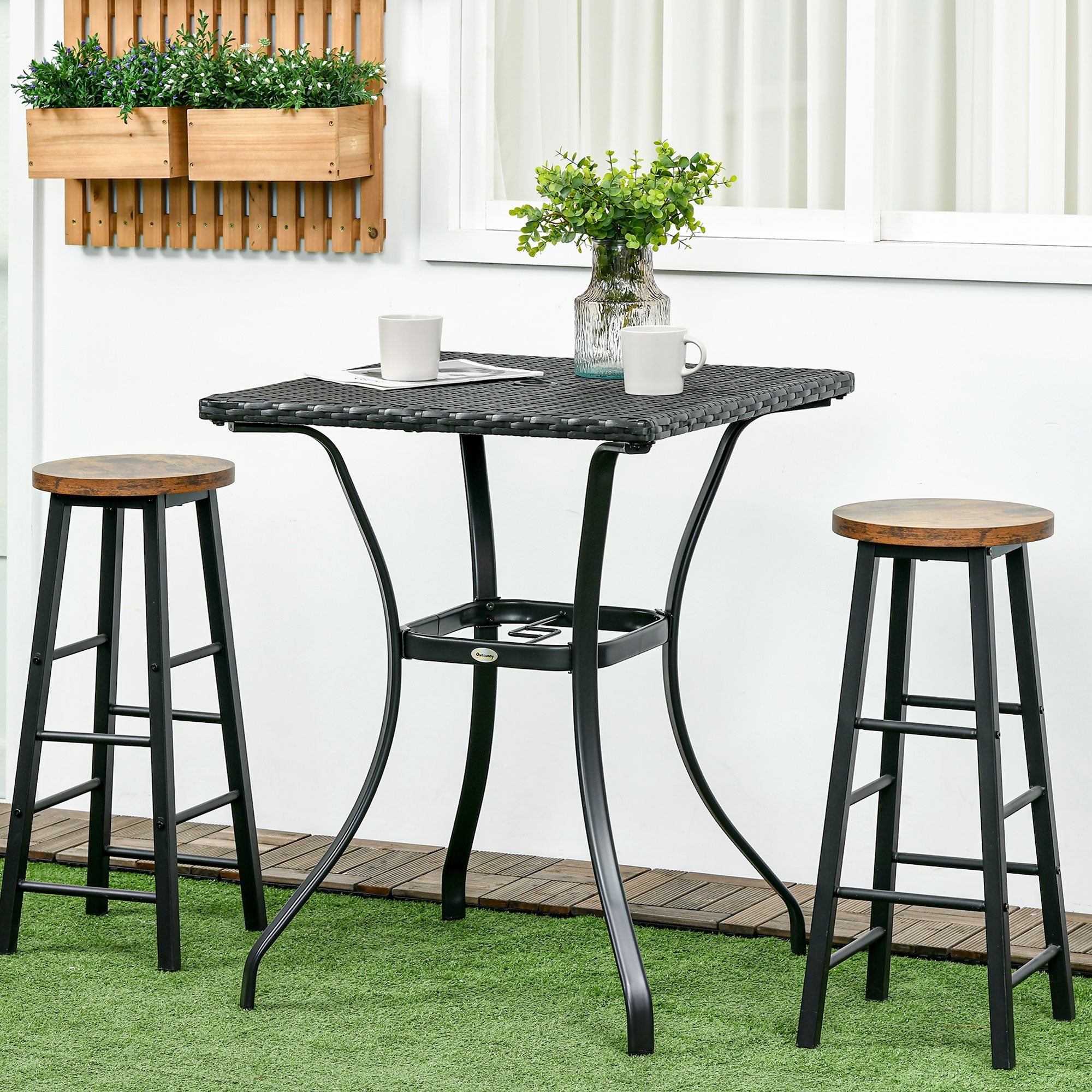 Outsunny Black Wicker Patio Panache: Outdoor Rattan Coffee Table with Umbrella Hole, Plastic Board Top