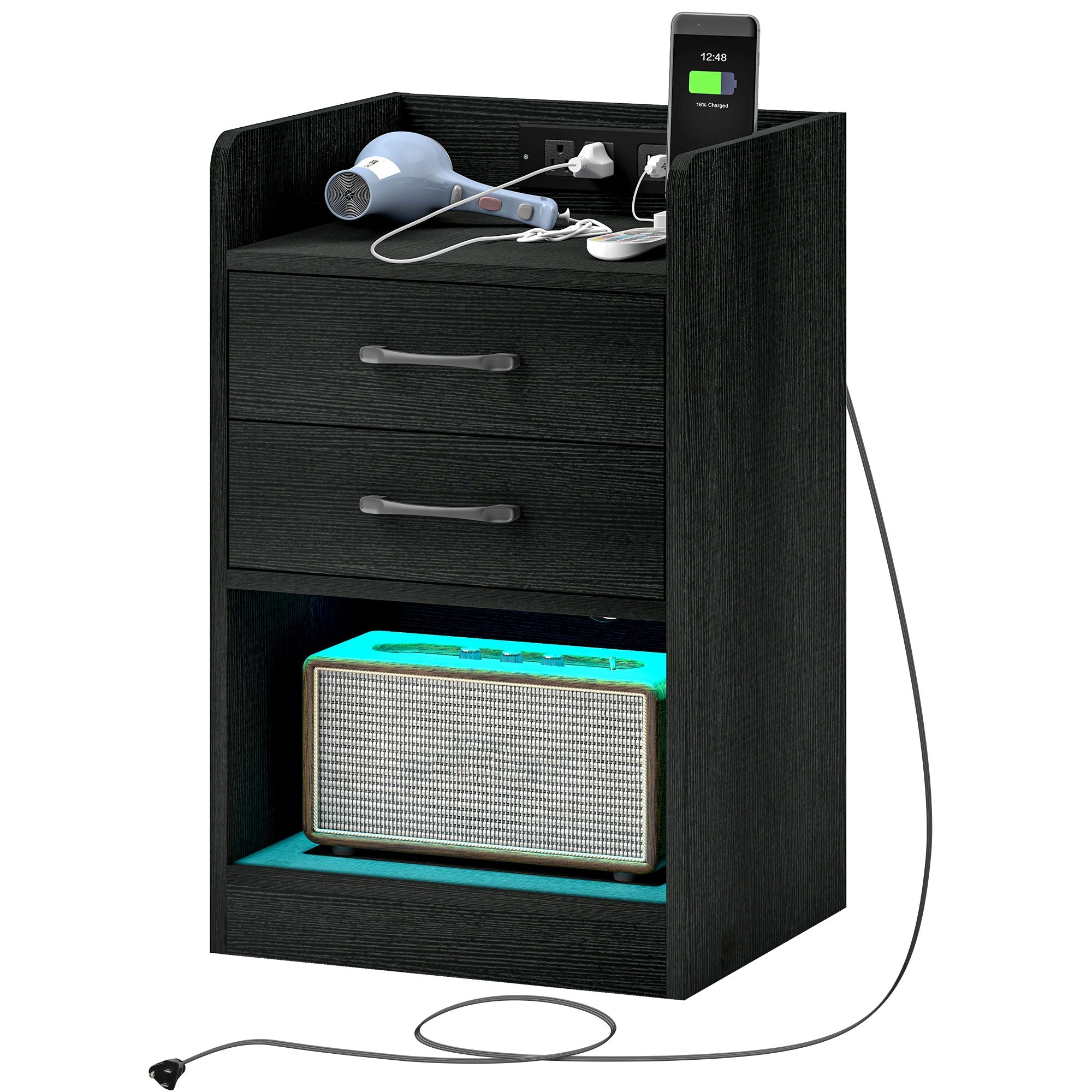 HOMCOM Charging Nightstand: LED Lights, AC Outlets, USB Ports, 2 Drawers, Shelf, Modern Bedroom Furniture, Black