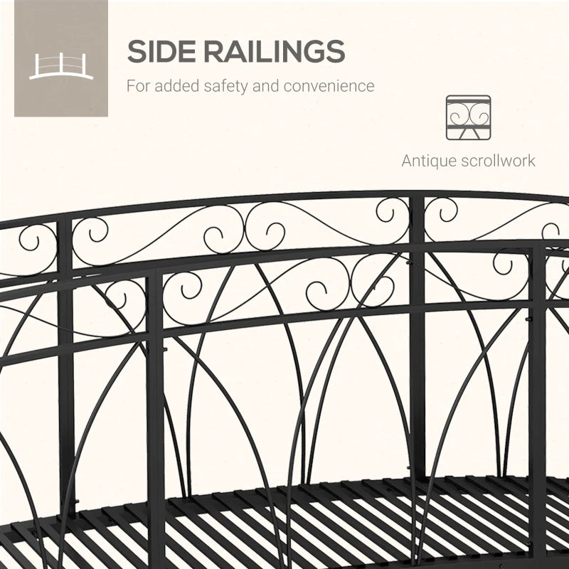 8' Metal Arch Garden Bridge Arc Footbridge with Guardrails and Decorative Scrollwork, Black