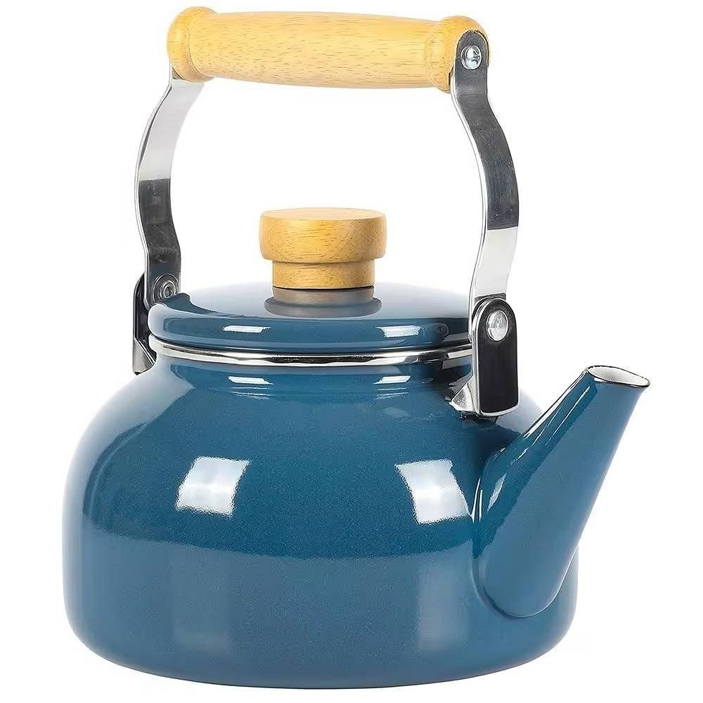 1.5 Qt. Steel Teapot Kettle w/ Blue White Glossy Enamel Coating and Wood Handle - Free Shipping