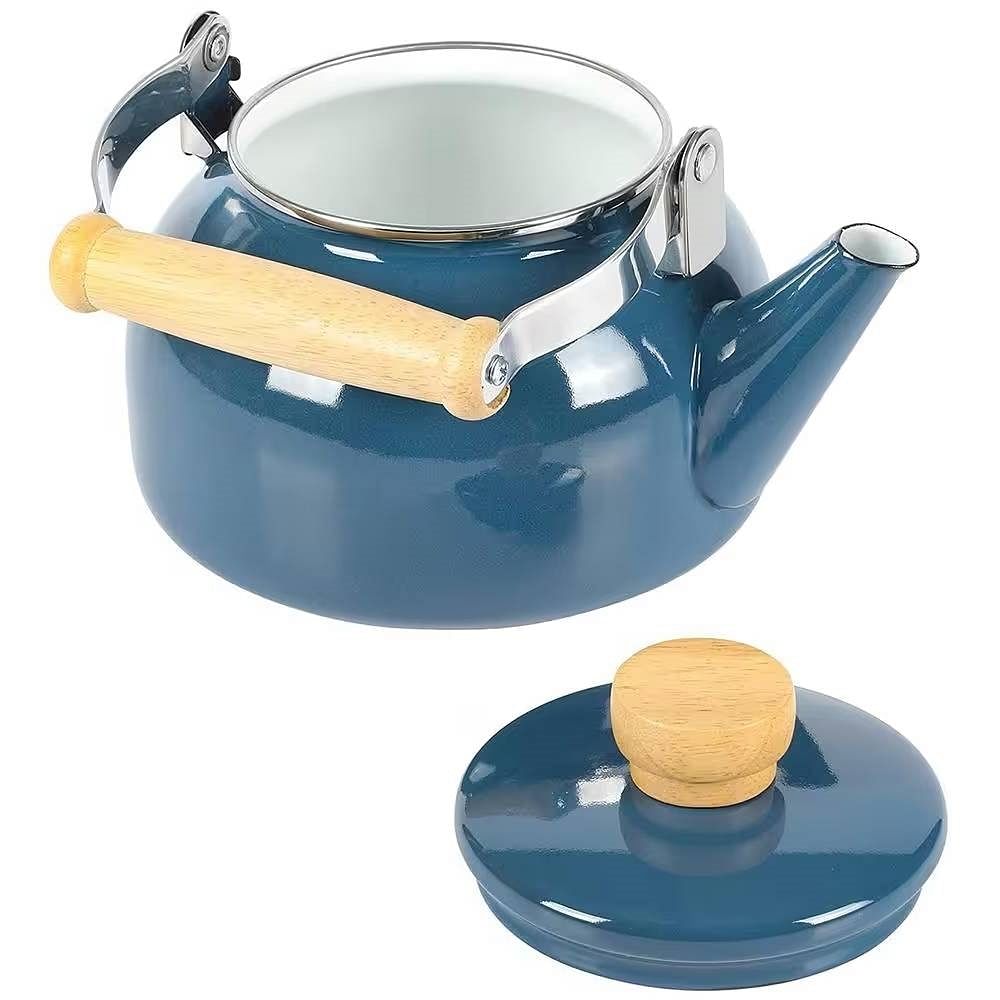 1.5 Qt. Steel Teapot Kettle w/ Blue White Glossy Enamel Coating and Wood Handle - Free Shipping