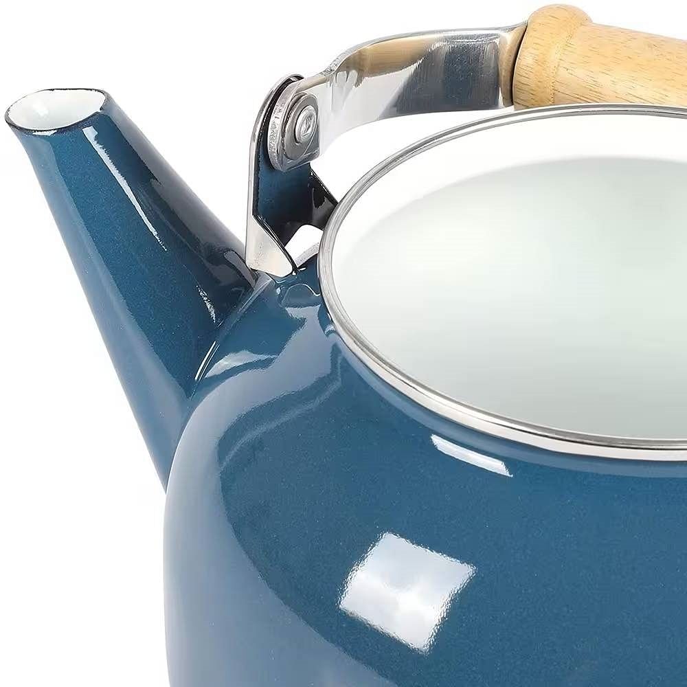1.5 Qt. Steel Teapot Kettle w/ Blue White Glossy Enamel Coating and Wood Handle - Free Shipping