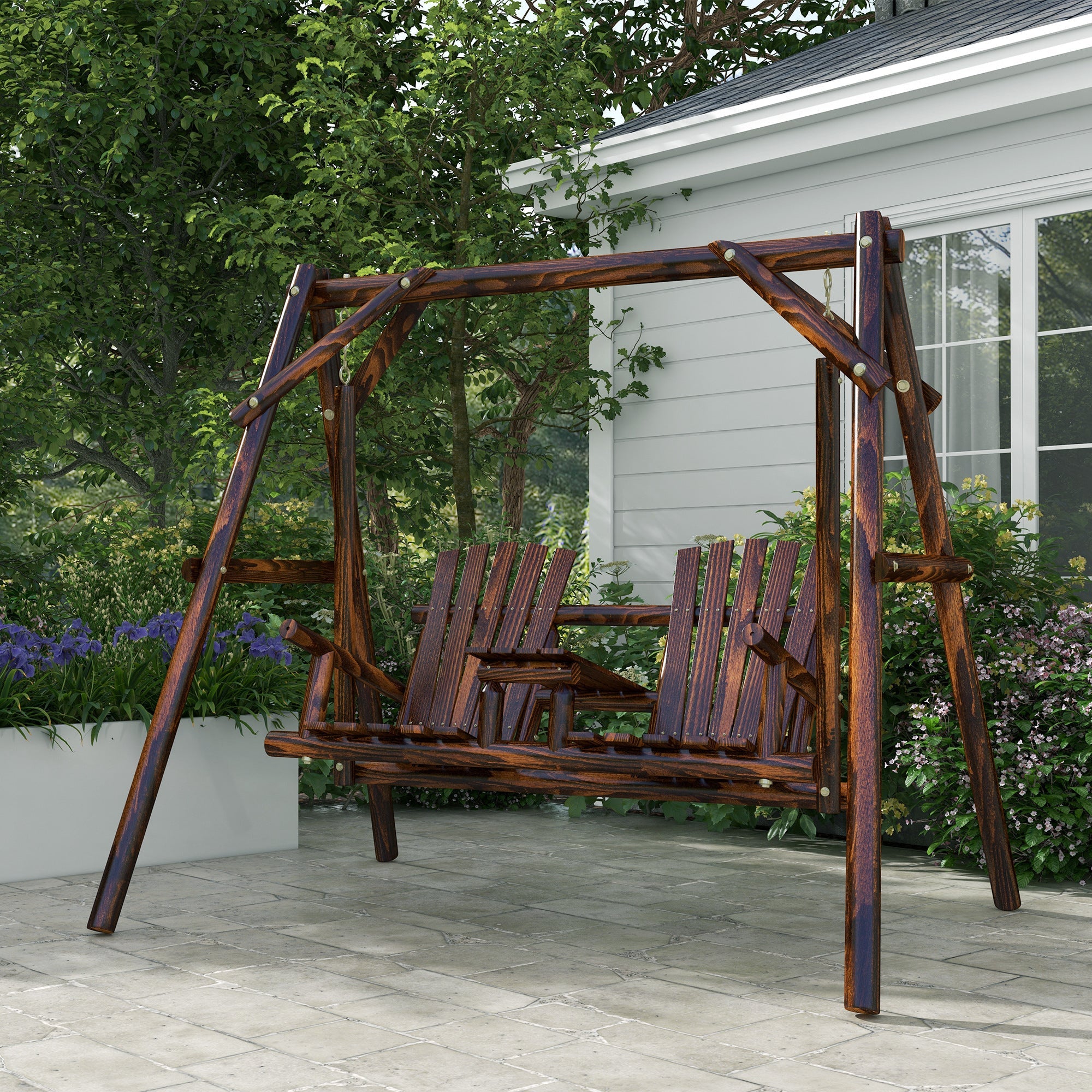 Outsunny Wooden Porch Swing with 2-Seat Design, A-Frame Outdoor Bench, Relaxing Swing with Center Table