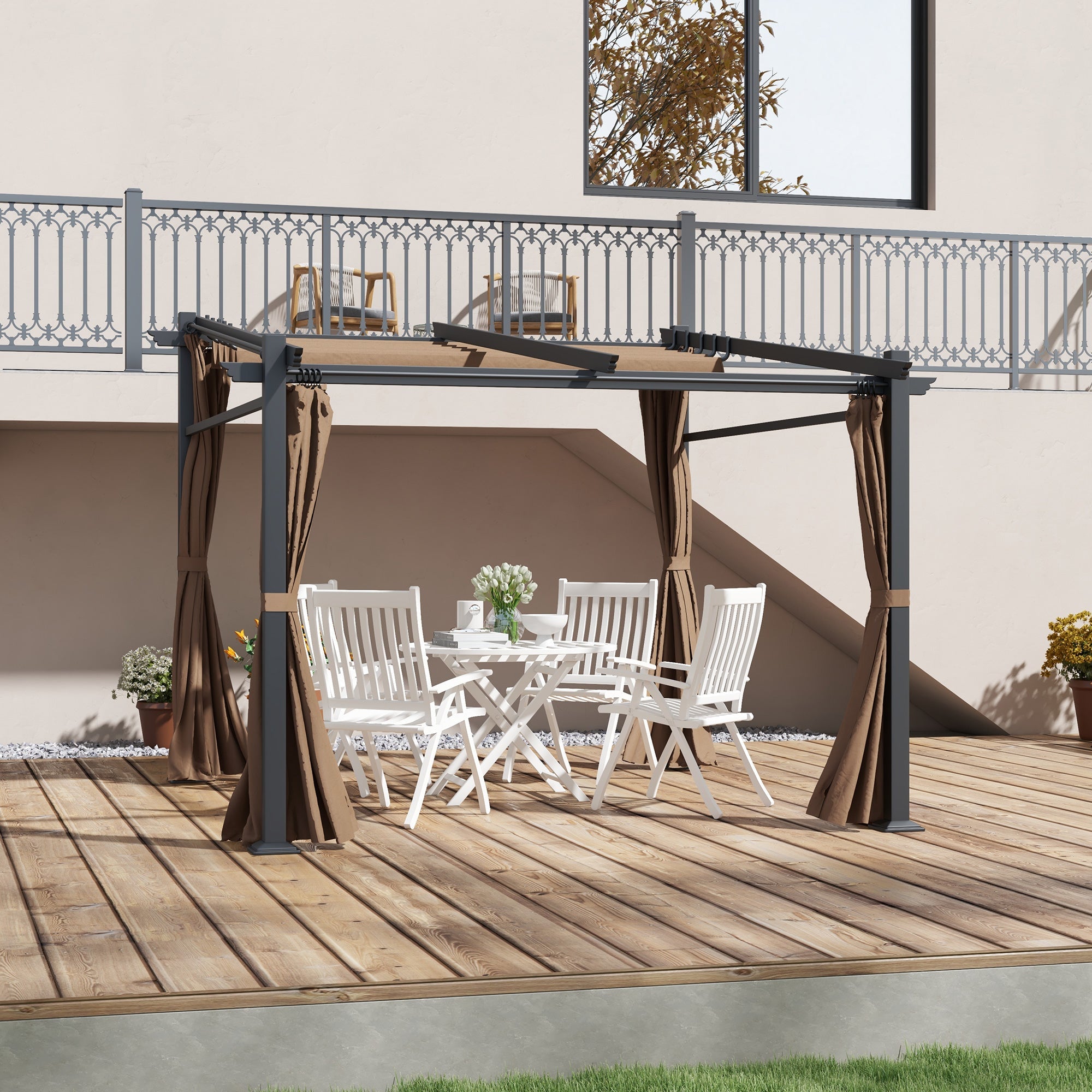 Outsunny 10'x10' Metal Pergola with Retractable Sliding Roof Canopy Coffee Outdoor Shade Structure