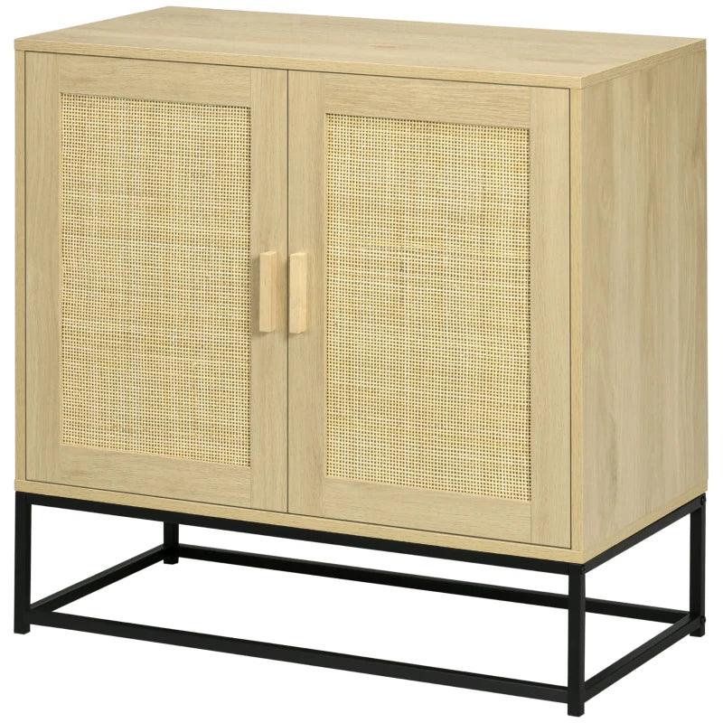 Wood Sideboard Accent Storage Cabinet with 2 Rattan Doors, Adjustable Shelf, and Steel Legs for Living Room Kitchen