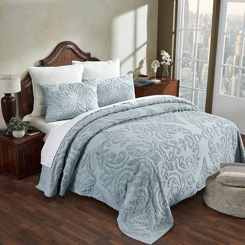 Queen size 100-Percent Cotton Chenille 3-Piece Coverlet Bedspread Set in Blue - Free Shipping