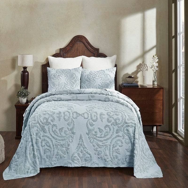 Queen size 100-Percent Cotton Chenille 3-Piece Coverlet Bedspread Set in Blue - Free Shipping