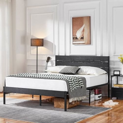 Queen size Industrial Platform Bed Frame with Wood Slatted Headboard in Black - Free Shipping