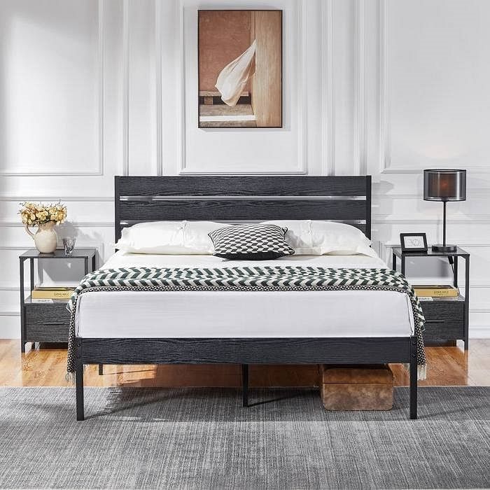 Queen size Industrial Platform Bed Frame with Wood Slatted Headboard in Black - Free Shipping