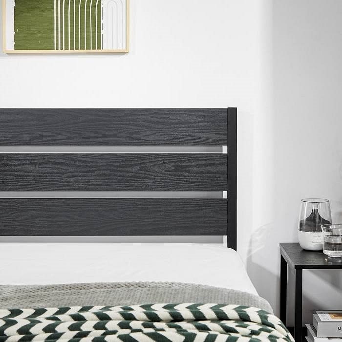Queen size Industrial Platform Bed Frame with Wood Slatted Headboard in Black - Free Shipping