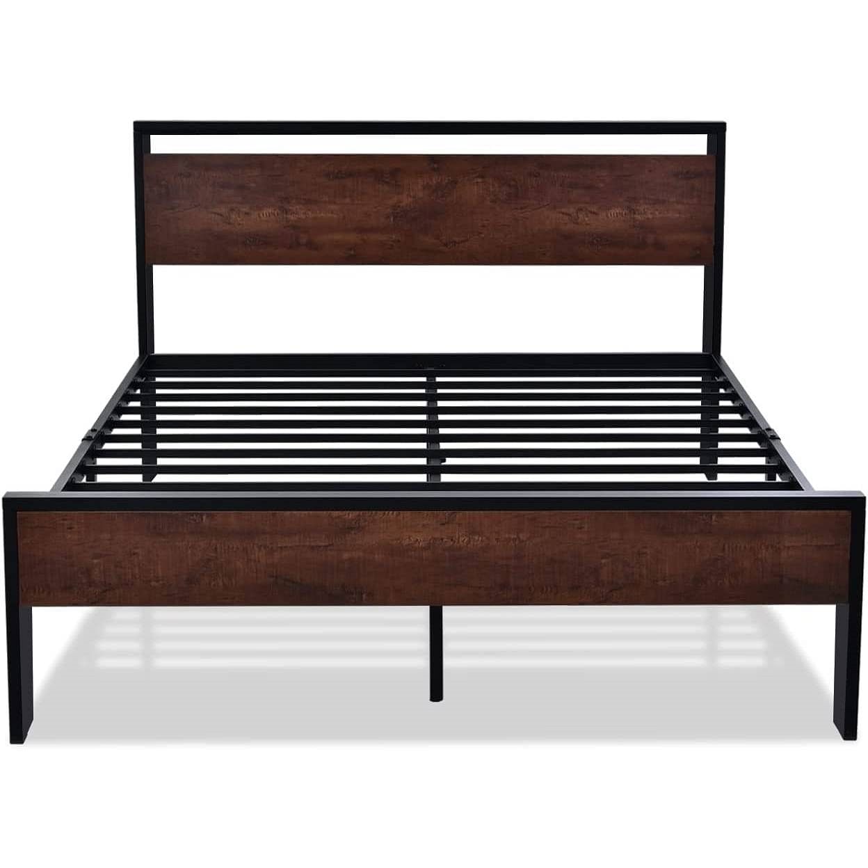 Queen Metal Platform Bed Frame with Mahogany Wood Panel Headboard Footboard - Free Shipping