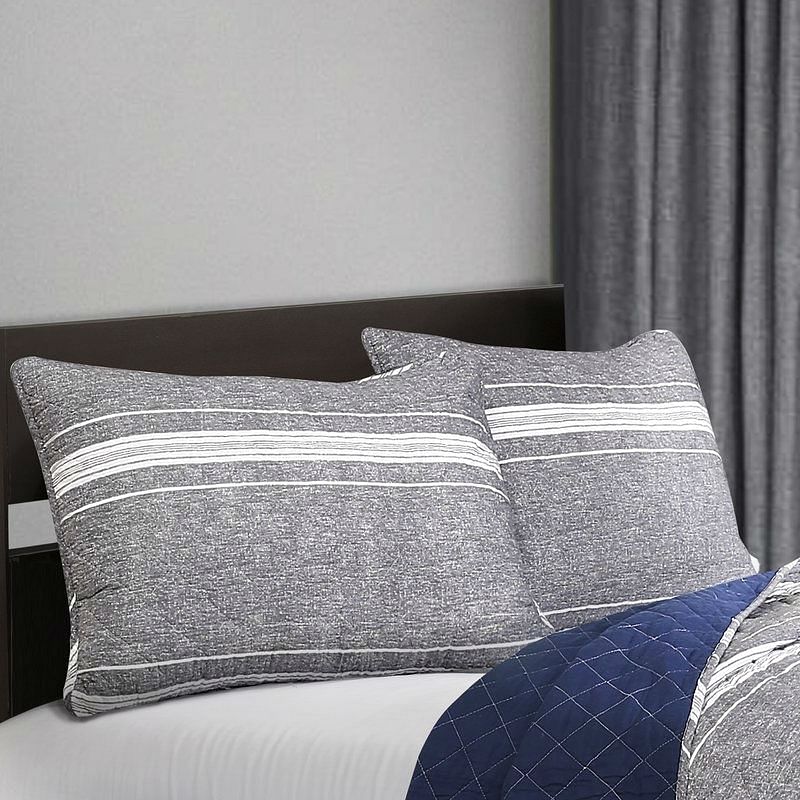 Queen Gray Navy Stripe Motif 100% Cotton Reversible Quilt Coverlet Bedspread Set - Free Shipping