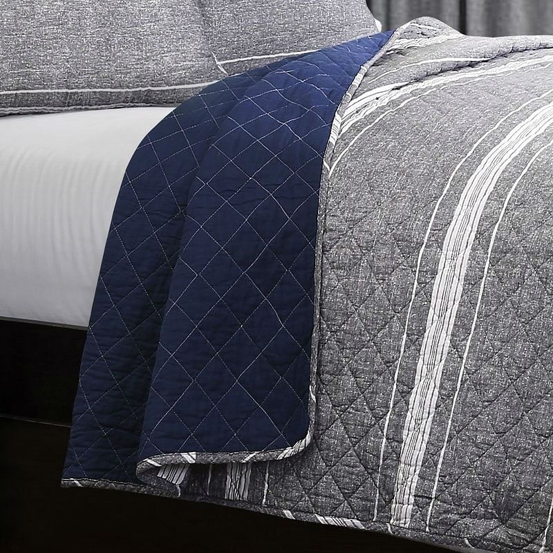 Queen Gray Navy Stripe Motif 100% Cotton Reversible Quilt Coverlet Bedspread Set - Free Shipping