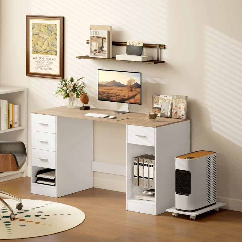 Office Desk, 55" Computer Desk with 4 Reversible Drawers, Mobile PC Stand, Adjustable Shelf, White Wood Grain
