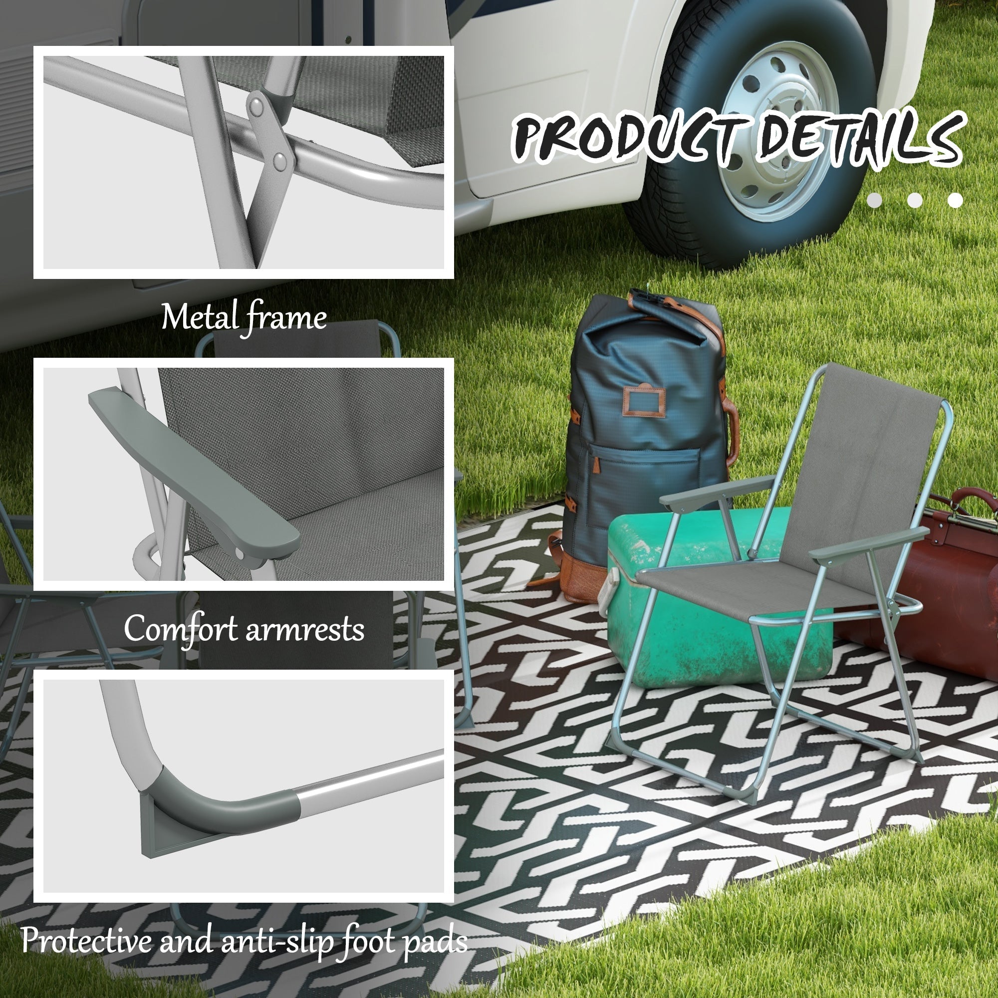 Outsunny Portable Patio Perfection: 4-Pack Folding Camping Chairs with Armrests for Garden Backyard, Grey Finish