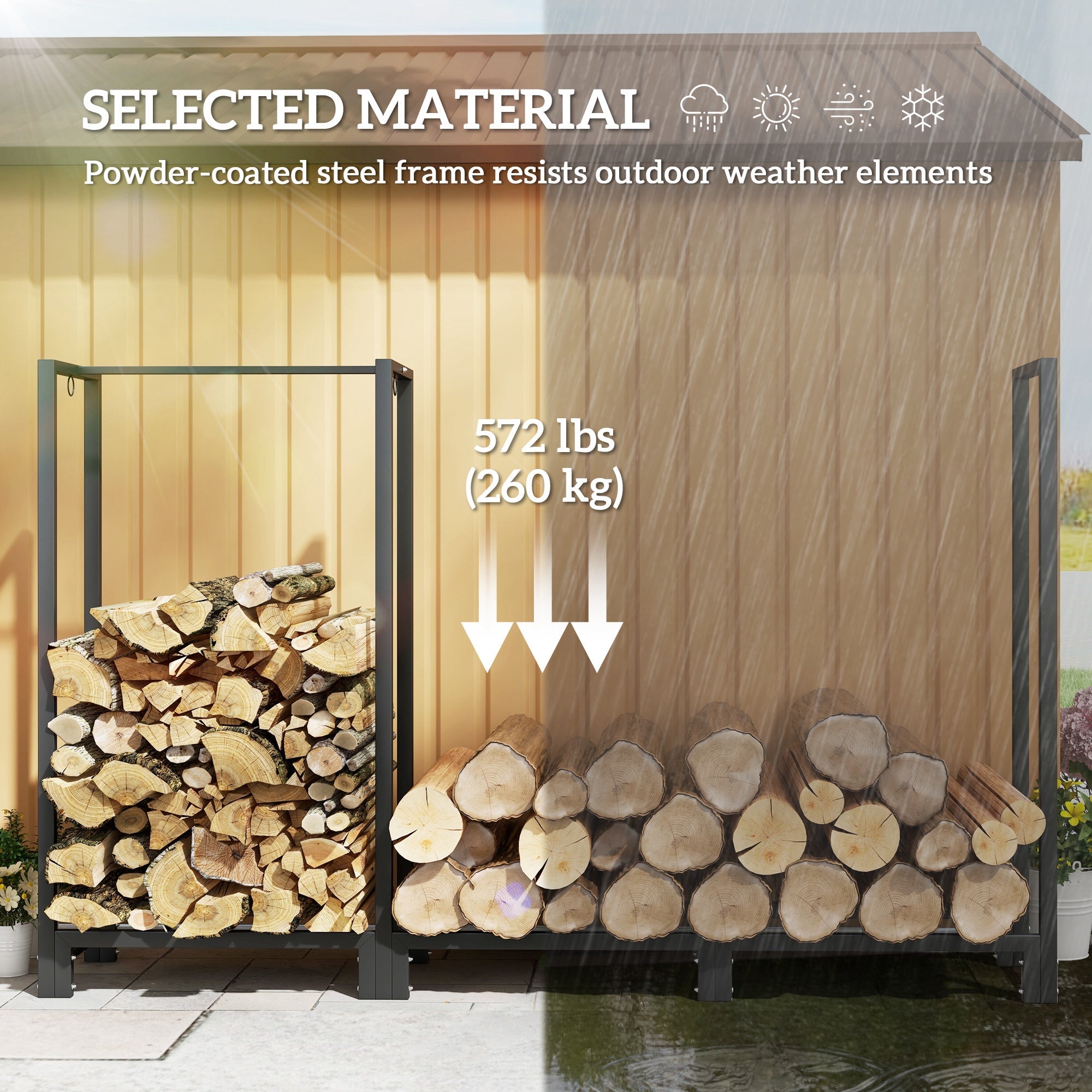 Outsunny 6ft Firewood Rack with Dual Space and Lock Rings, Steel Log Holder for Outdoor Indoor, Black