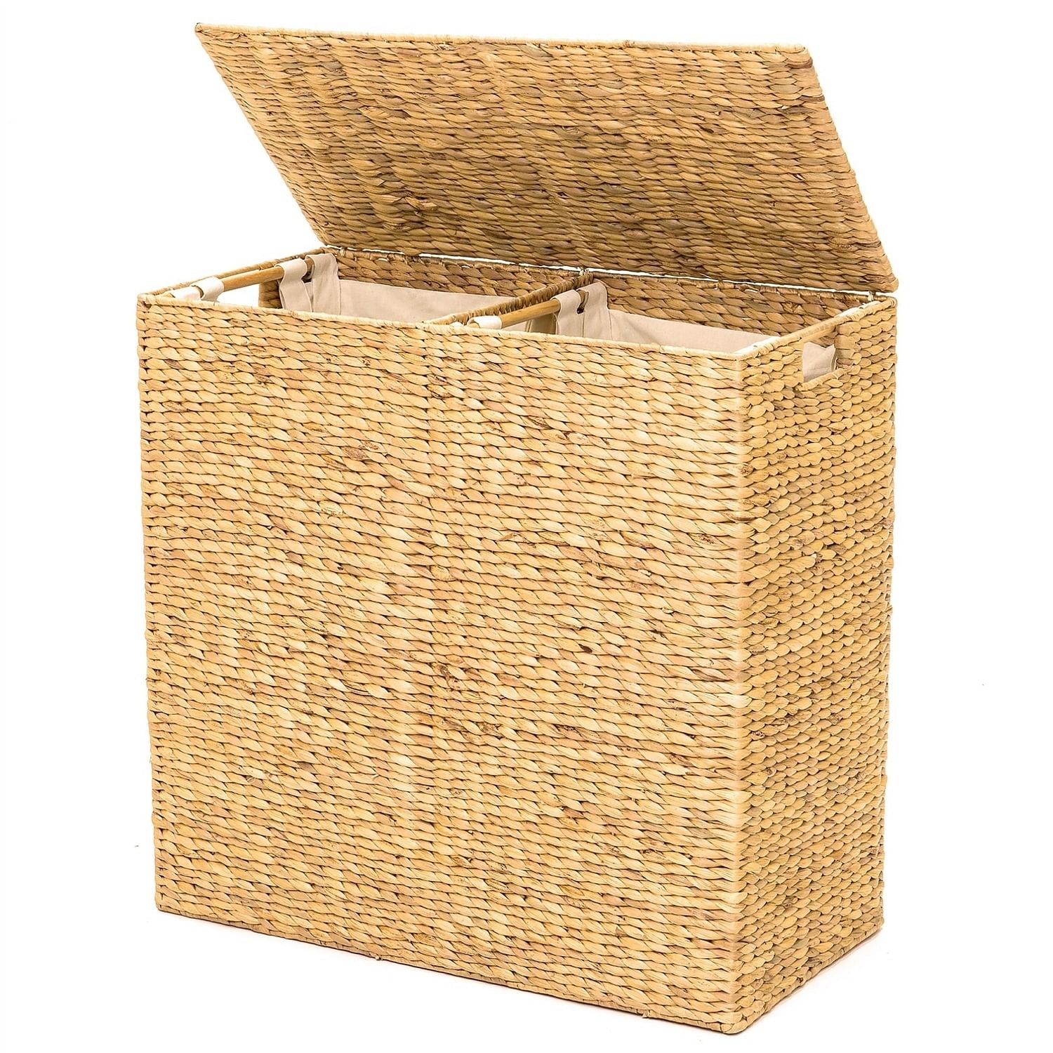 Natural 2-Bin Handwoven Hyacinth Linen Liner Laundry Hamper w/ Handles - Free Shipping