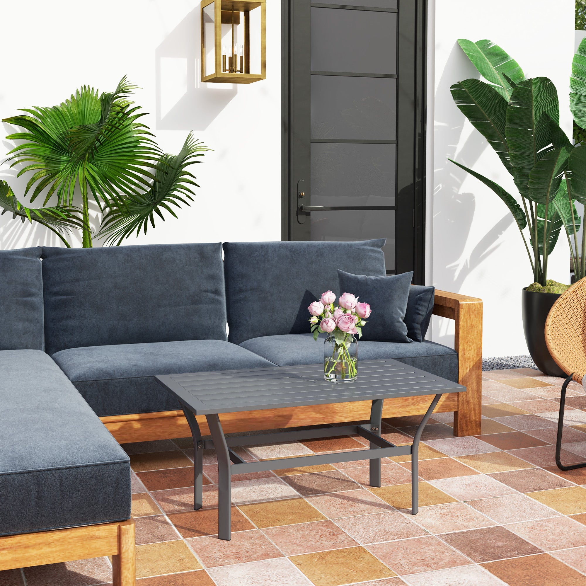 Outsunny Outdoor Side Table with Slatted Tabletop, Metal Patio Coffee Table for Garden, Balcony, Dark Grey