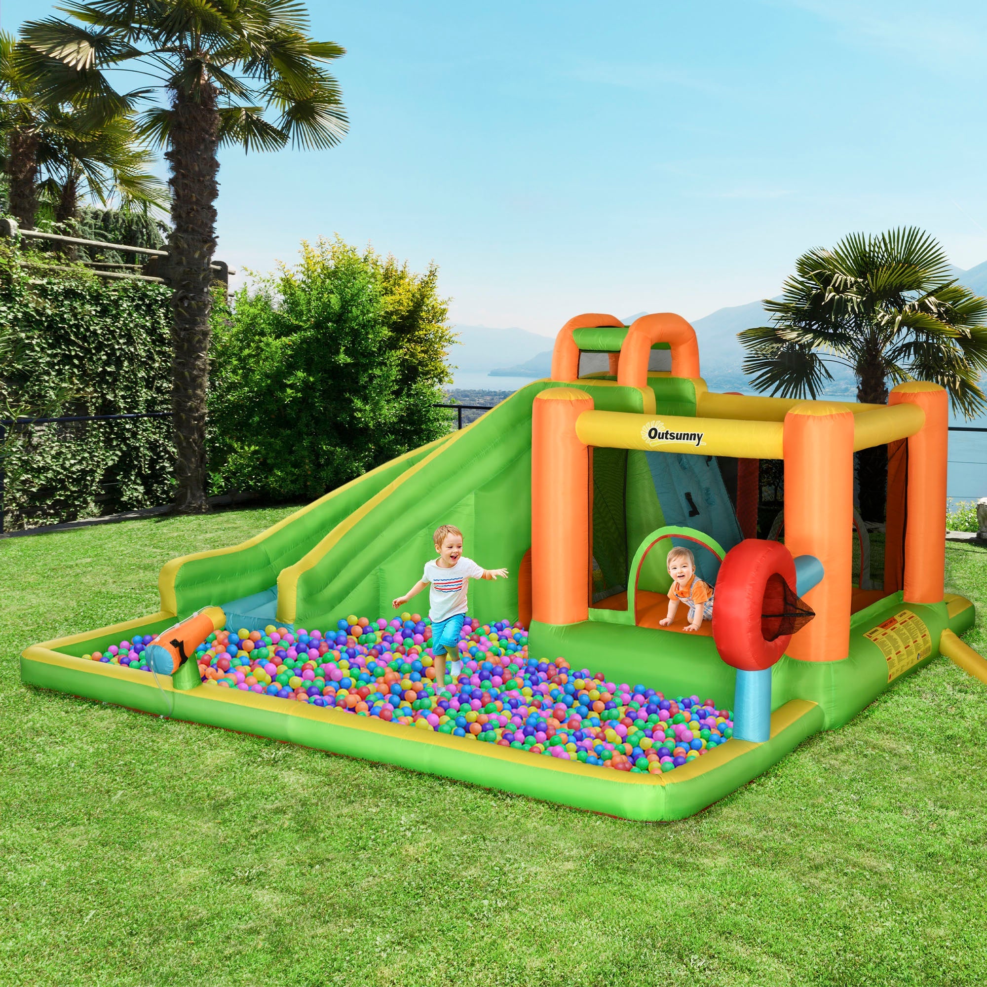 Outsunny 7-in-1 Inflatable Water Slide, Kids Castle Bounce House Includes Slide, Trampoline, Tunne