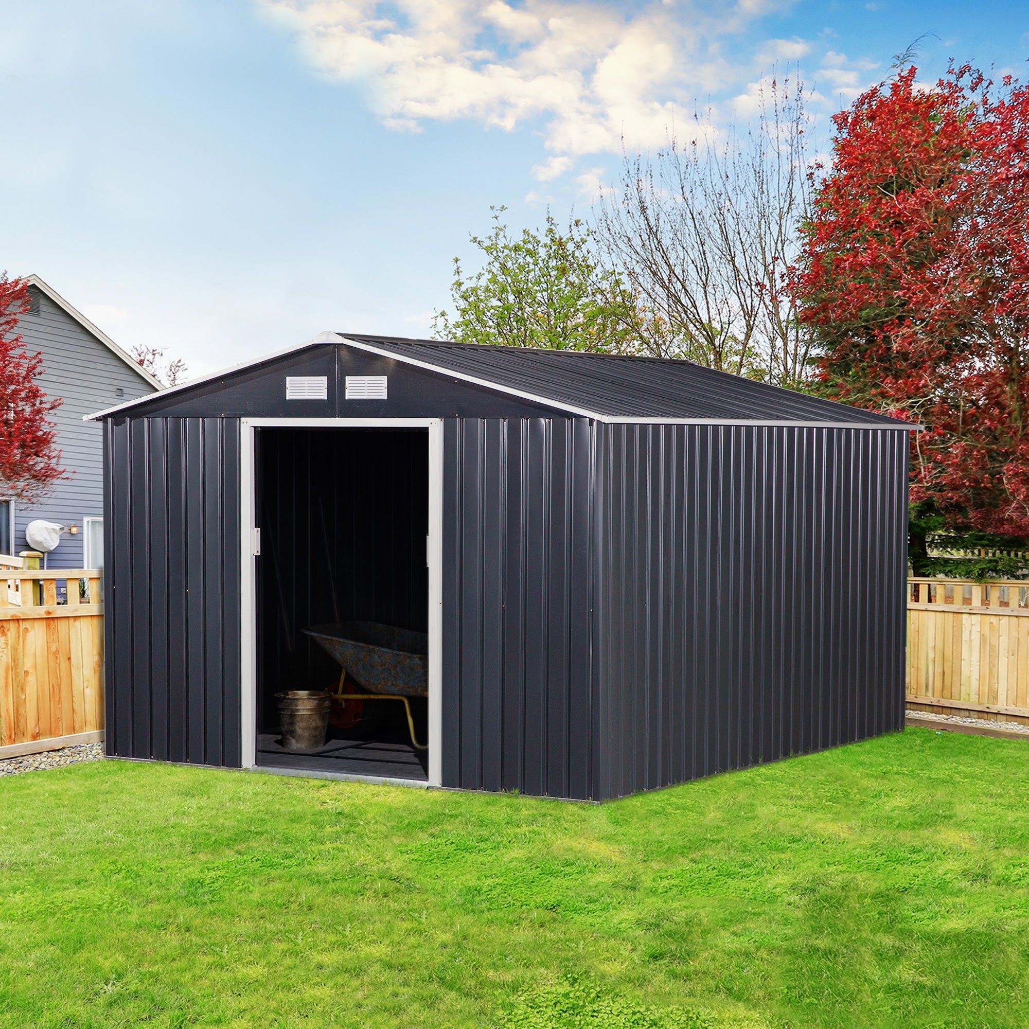 Outsunny Large Metal Storage Shed 11' x 9' with Double Sliding Doors 4 Vents Outdoor Tool House Dark Grey