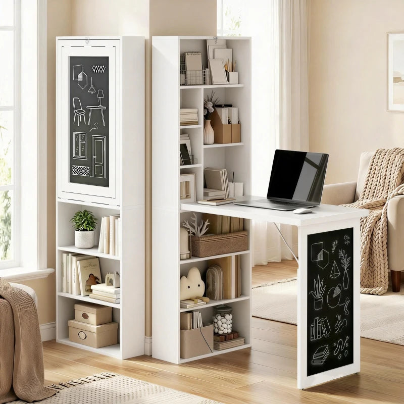 Wall Mounted Fold-Out Convertible Office Desk with Storage Shelves & Blackboard – White