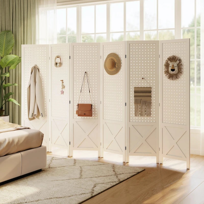 56.9" 6 Panel Wooden Room Divider with Pegboard Display, Folding Privacy Screen for Home Office, White