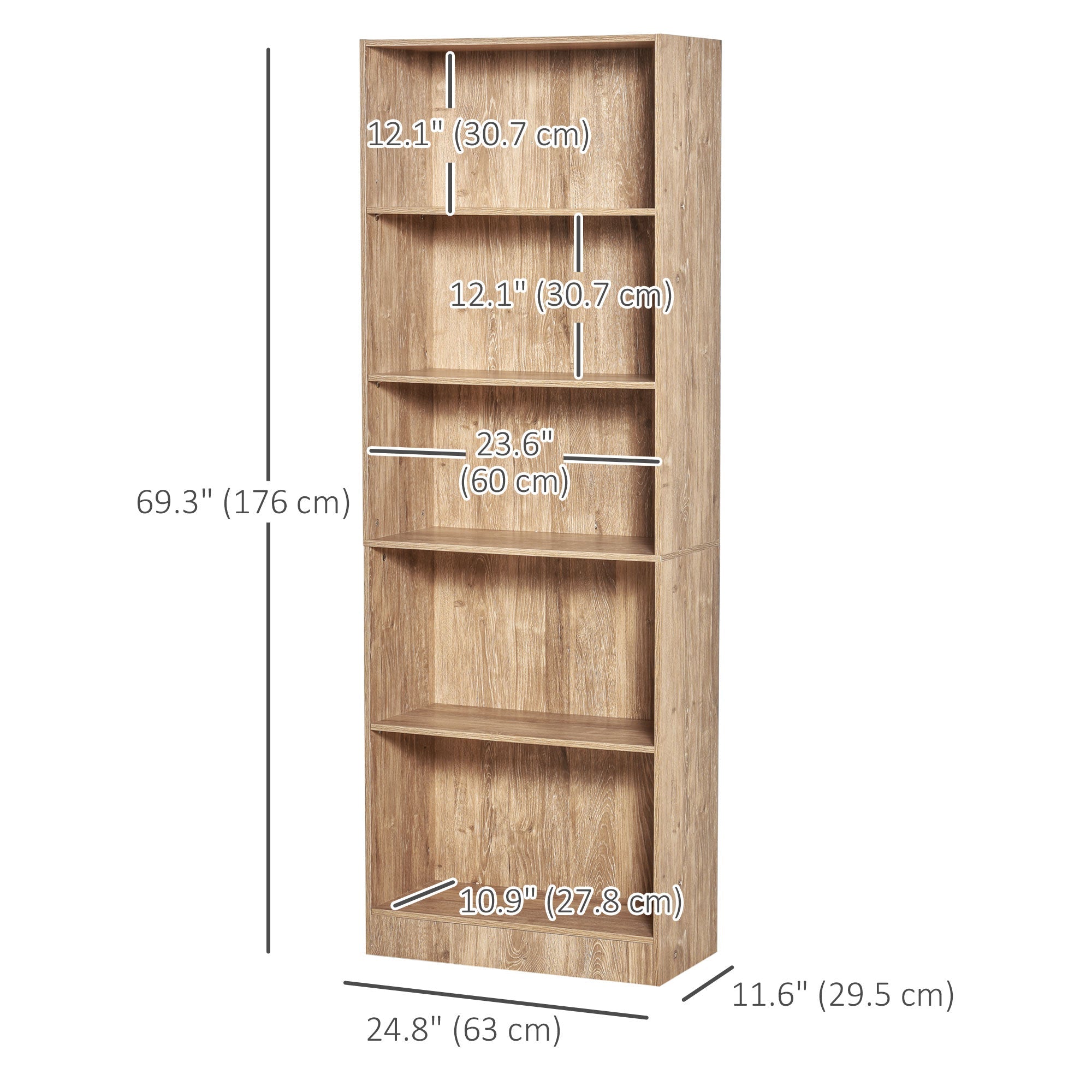 HOMCOM 5-Tier Bookcase: Adjustable Shelves Display Unit for Living Room/Office, Natural Wood