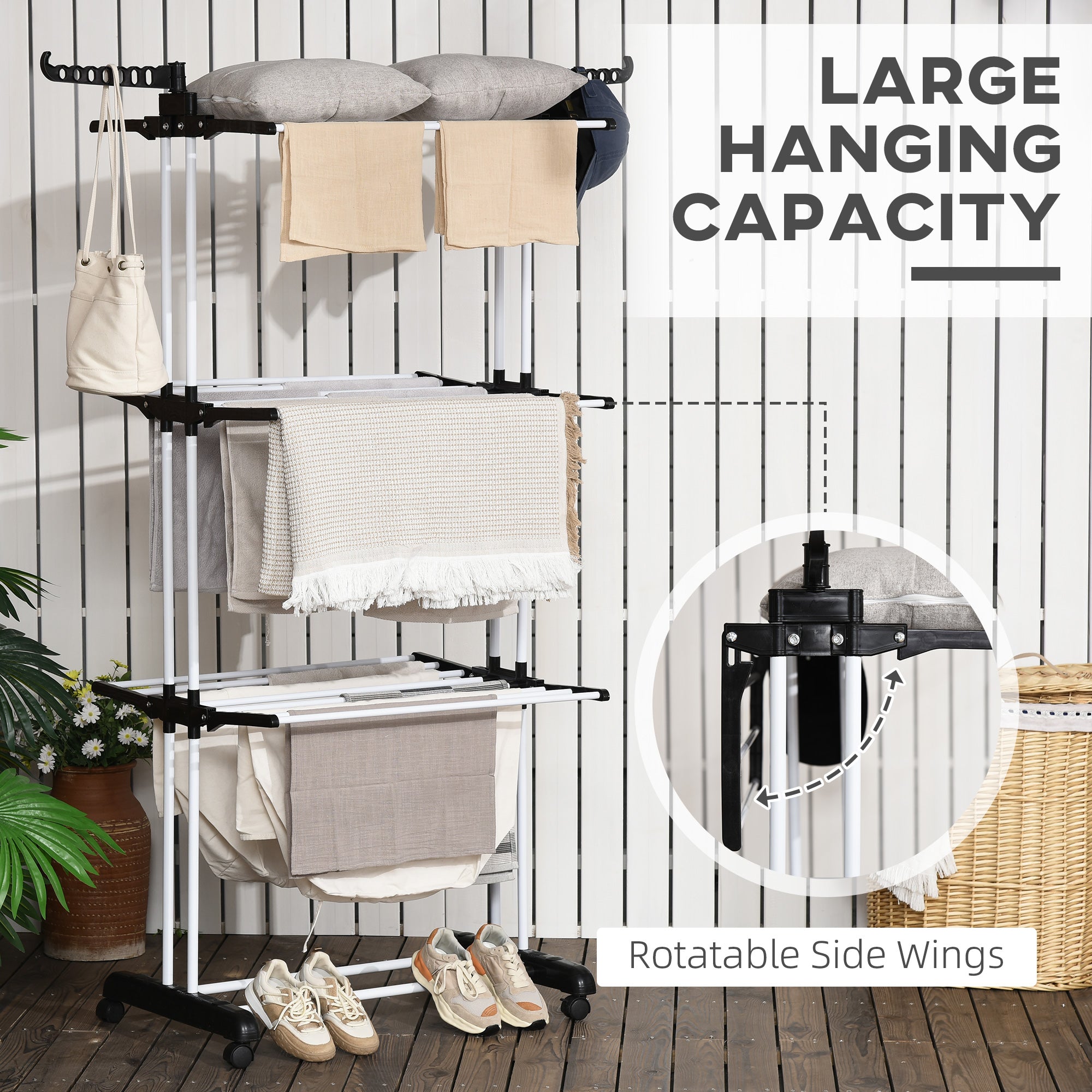 HOMCOM 4-Tier Foldable Clothes Drying Rack with Side Wings & Castors Steel Laundry Rack for Indoor/Outdoor Use Black
