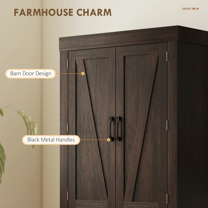72" Kitchen Pantry Cabinet, Farmhouse Kitchen Storage Cabinet with 4 Barn Doors, 6 Door Shelves, Drawer, Brown