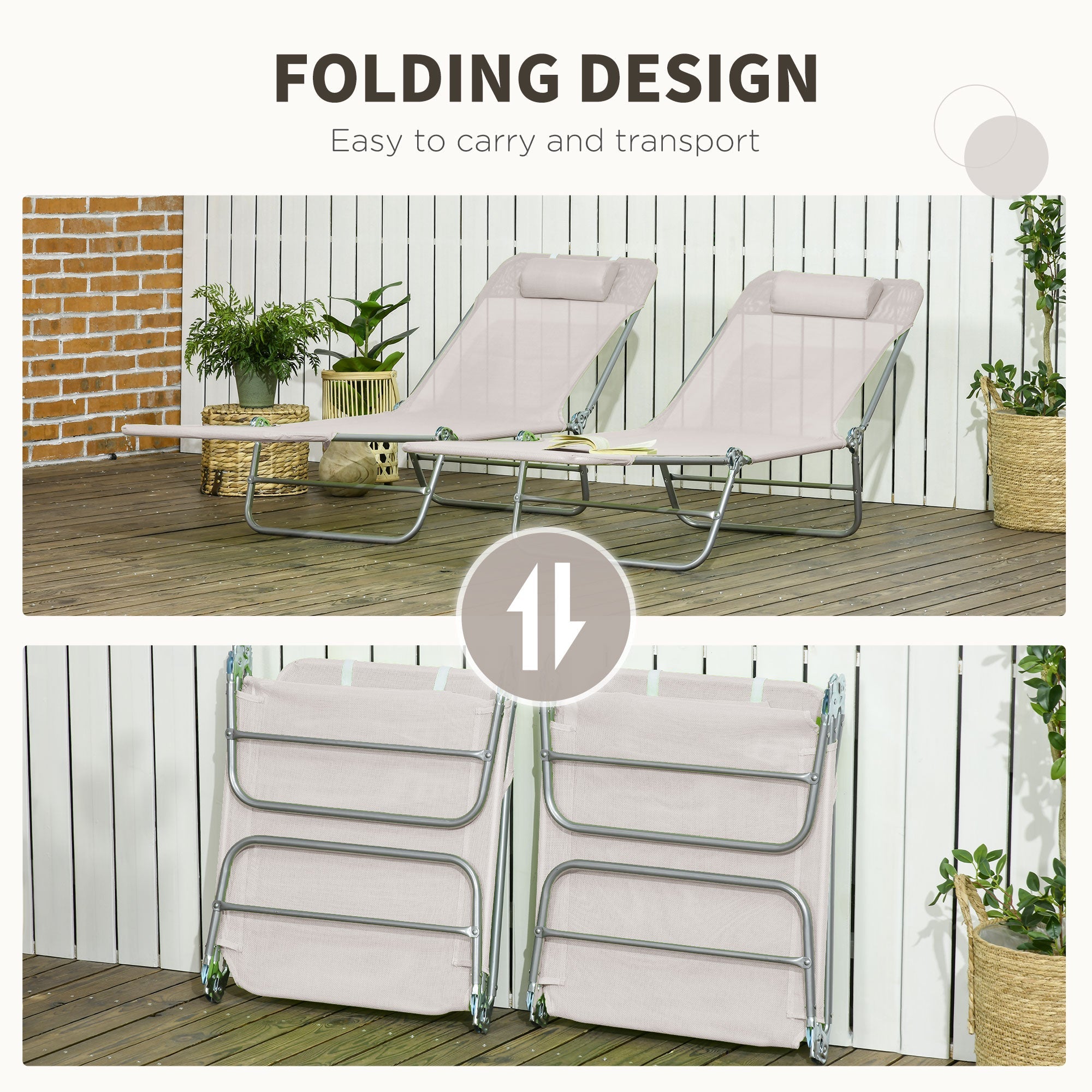 Outsunny Set of 2 Folding Chaise Lounge Chairs, Outdoor Poolside Sun Tanning Chairs w/ Pillow, Reclining Backrest, Cream White